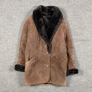 Vintage Brown Genuine Leather Fur Lined Coat Women’s S Fur Shawl Collar Jacket